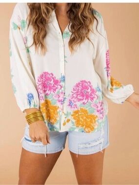 Z Supply Clarissa Floral Button Front Crew Neck Blouse Cream med M
